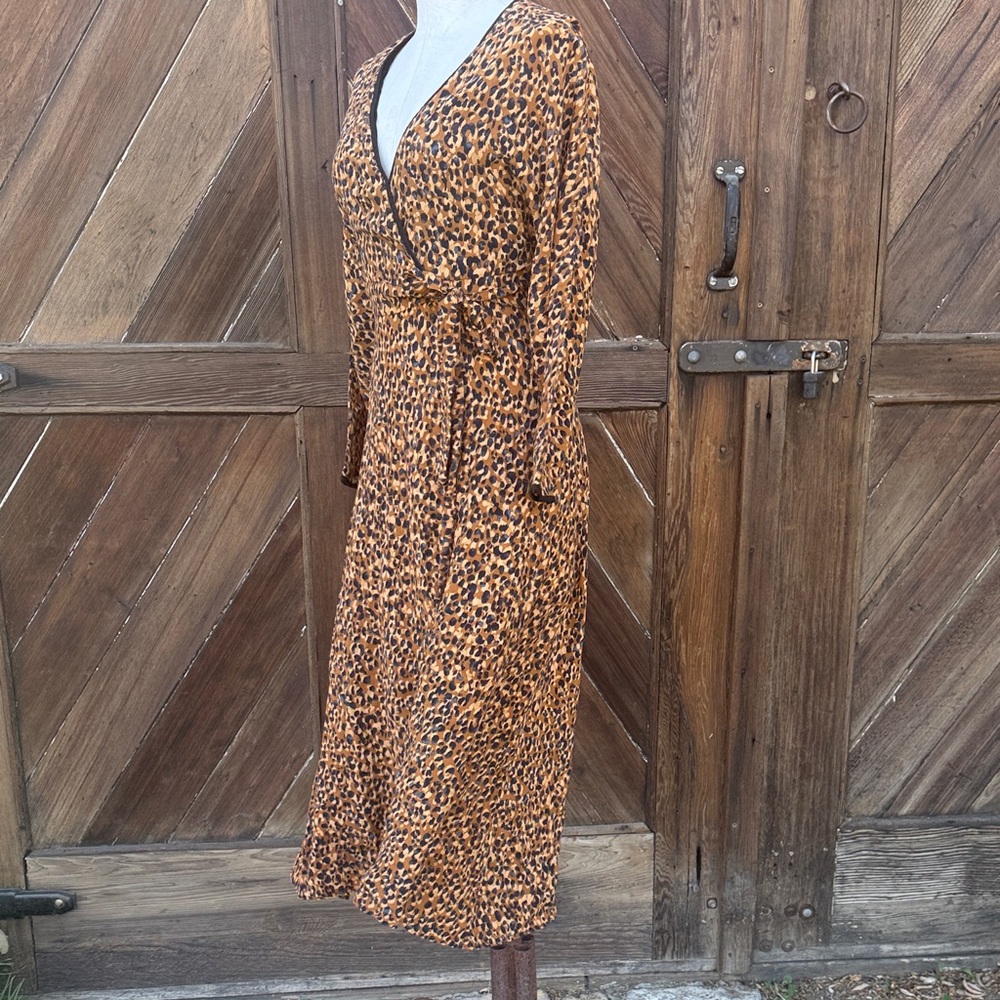 Zara Brown Leopard Long Sleeve Dress ties on the side S - Picture 3 of 12